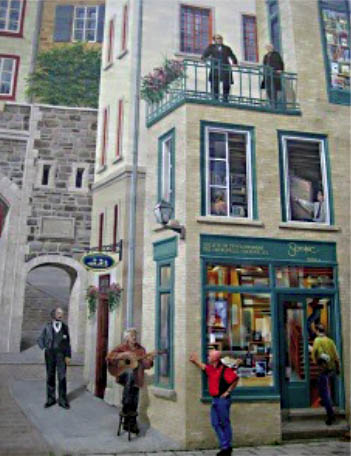 La fresque des Quebecois, a Quebec: on y voit Felix et sa guitare a l'avant-plan, semblant fredonner a l'oreille des visiteurs